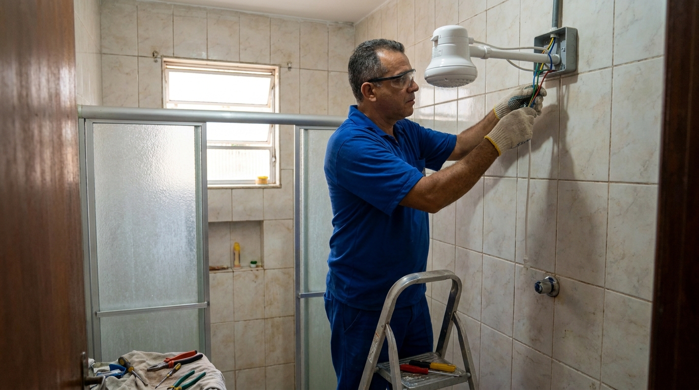 Eletricista instalando chuveiro eletrico em João Pessoa‑PB